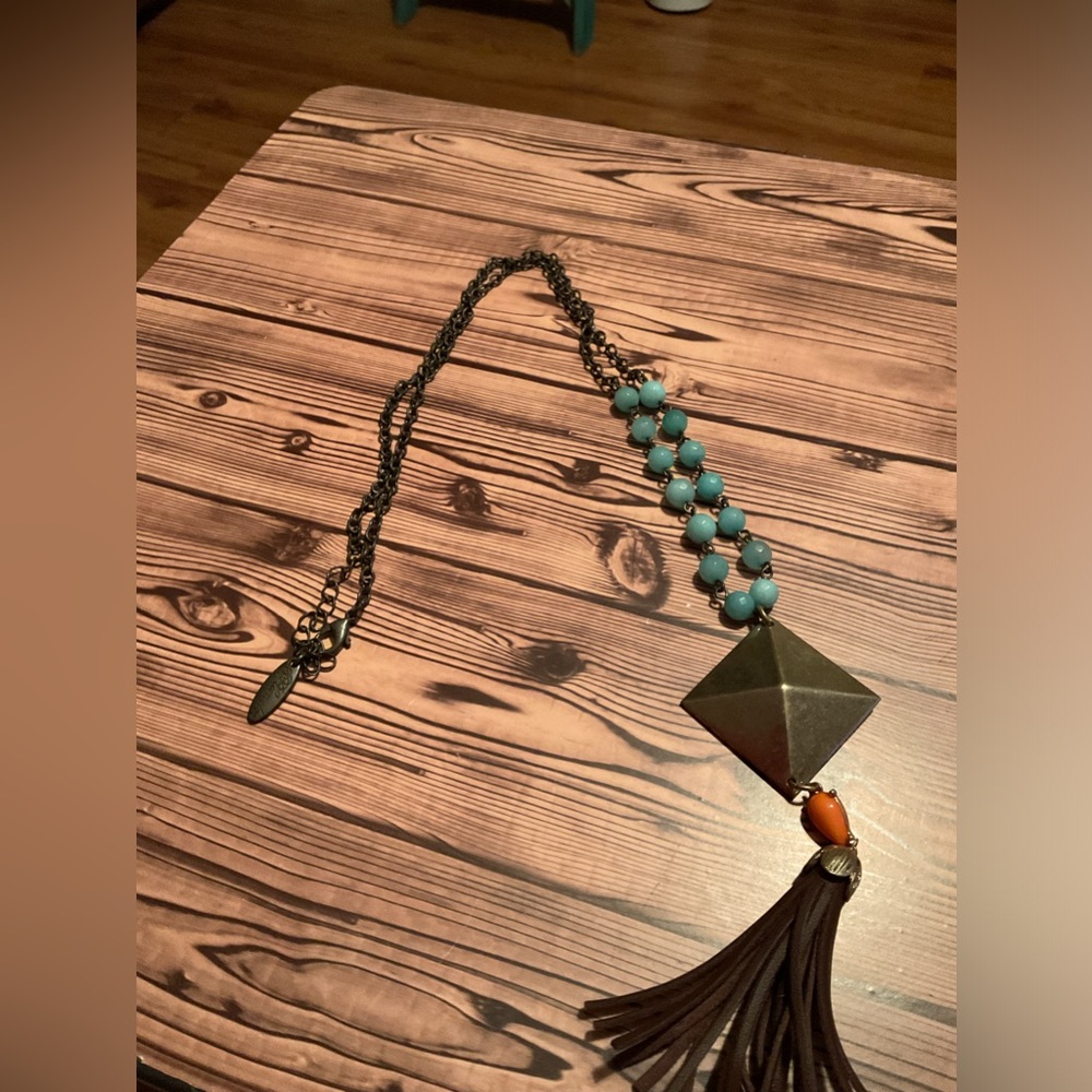 Plunder Jewelry Cora Necklace Antique Gold with Turquoise Beads and Brown Tassel